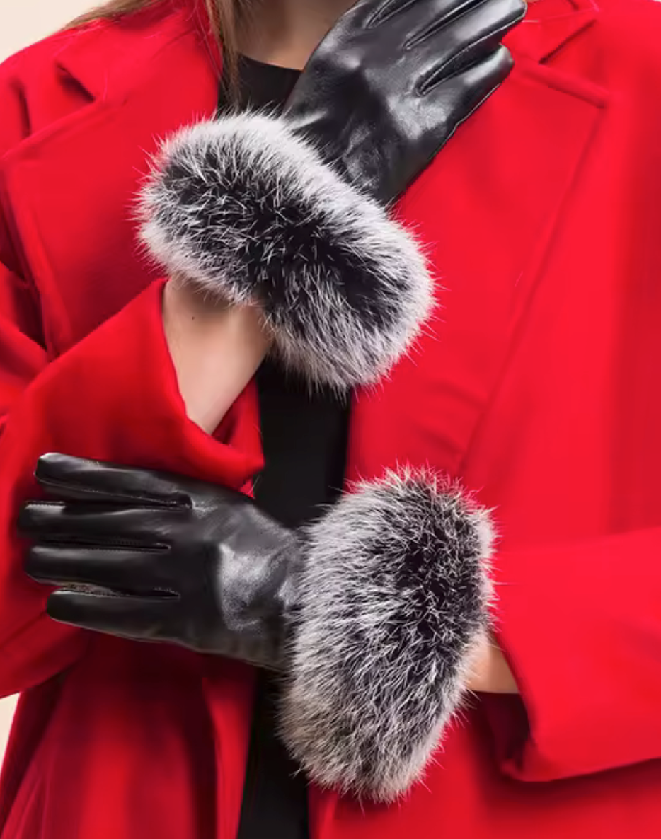 Real Leather Rex Rabbit Fur Driving Gloves – Elegant Warm Winter Fashion Gloves